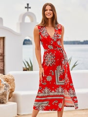 Sosandar Red Ruffle Neck Wrap Dress - Image 3 of 5