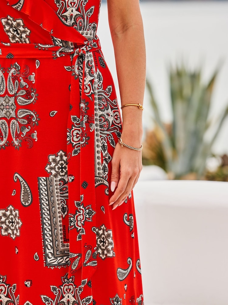 Sosandar Red Ruffle Neck Wrap Dress - Image 5 of 5