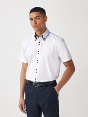 White Double Collar 100% Cotton Trimmed Formal Short Sleeve Oxford Shirt - Image 1 of 7