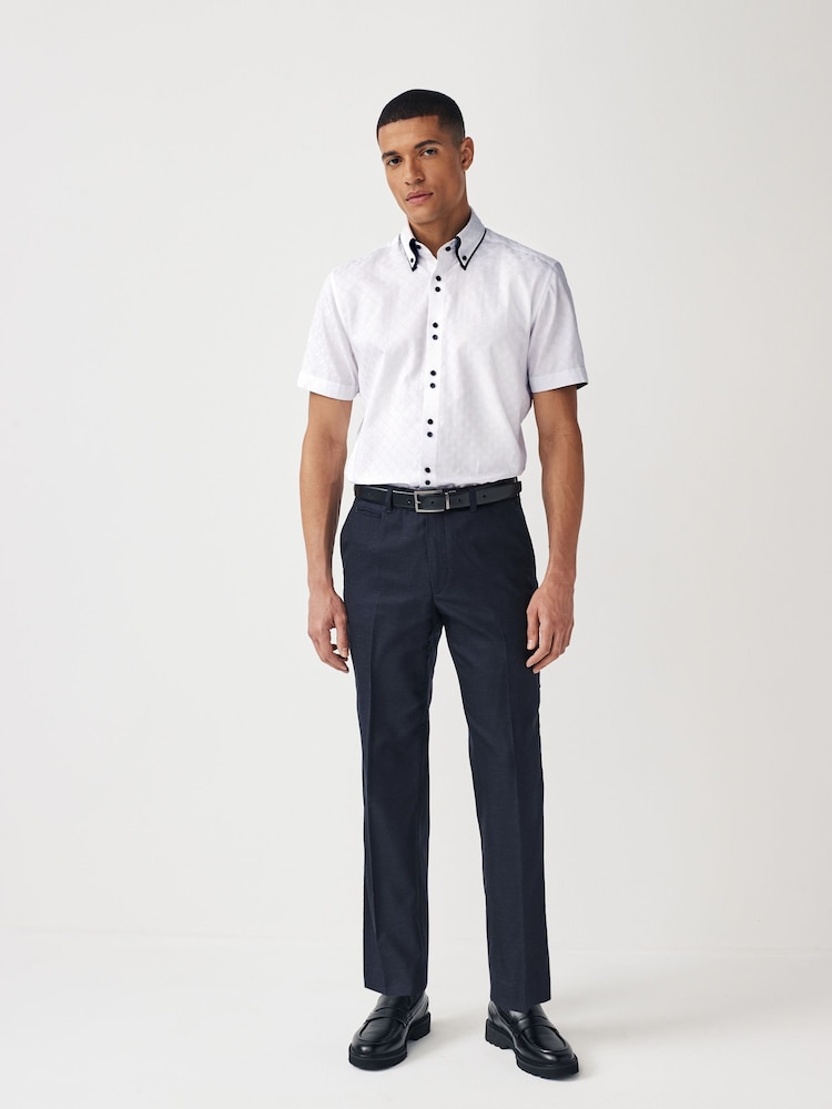 White Double Collar 100% Cotton Trimmed Formal Short Sleeve Oxford Shirt - Image 2 of 7