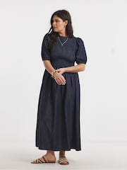 Simply Be Blue Denim Shirred Midaxi Dress - Image 1 of 4
