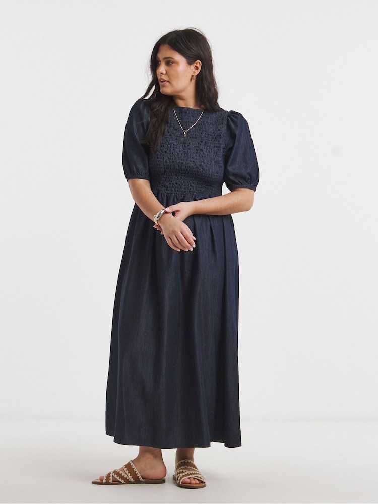 Simply Be Blue Denim Shirred Midaxi Dress - Image 1 of 4
