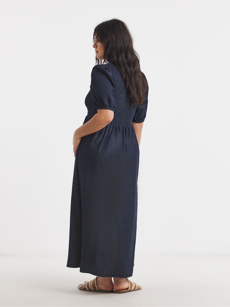Simply Be Blue Denim Shirred Midaxi Dress - Image 2 of 4