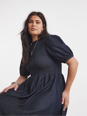 Simply Be Blue Denim Shirred Midaxi Dress - Image 3 of 4