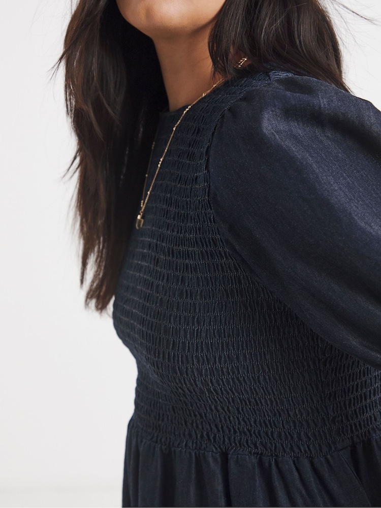 Simply Be Blue Denim Shirred Midaxi Dress - Image 4 of 4