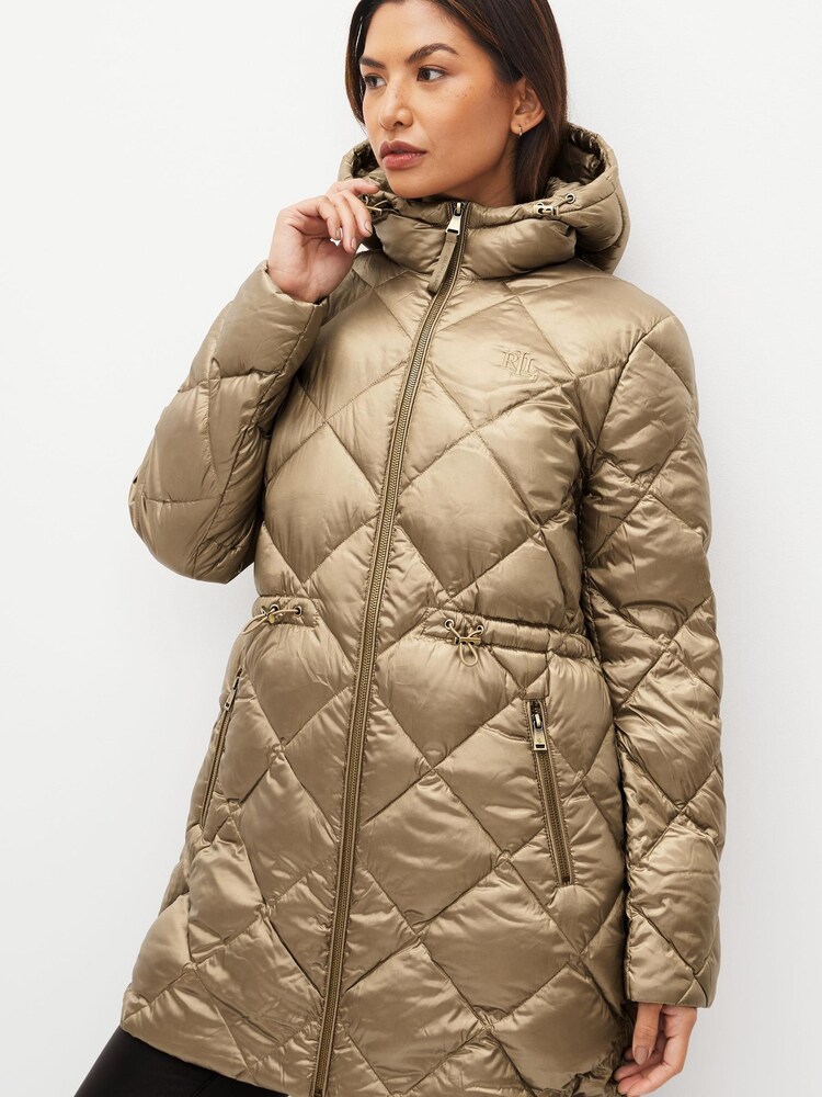 Lauren Ralph Lauren Gold Metallic Quilted Hooded Down Puffer Coat - Image 2 of 5