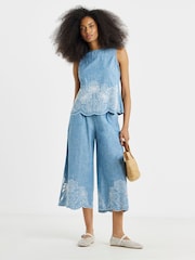 Simply Be Blue Light Wash Chambray Palm Tree Broderie Shirt - Image 1 of 4