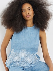 Simply Be Blue Light Wash Chambray Palm Tree Broderie Shirt - Image 3 of 4