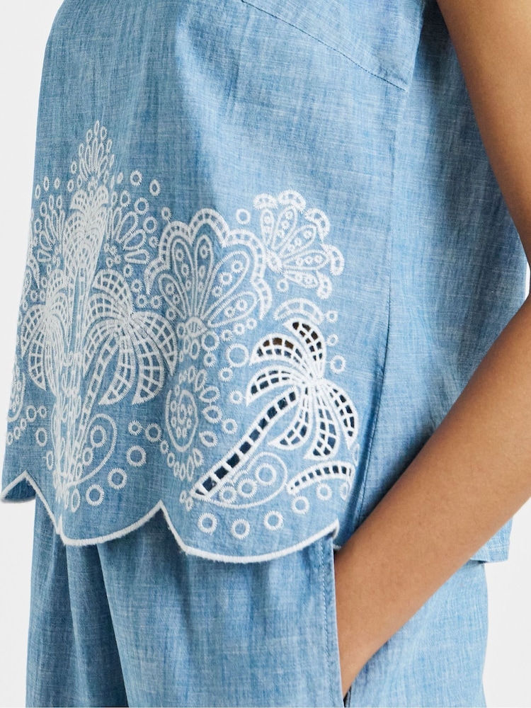 Simply Be Blue Light Wash Chambray Palm Tree Broderie Shirt - Image 4 of 4 Simply Be Blue Light Wash Chambray Palm Tree Broderie Shirt - Image 4 of 4