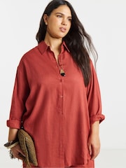 Simply Be Red Linen Gathered Sleeve Boxy Shirt - Image 3 of 4