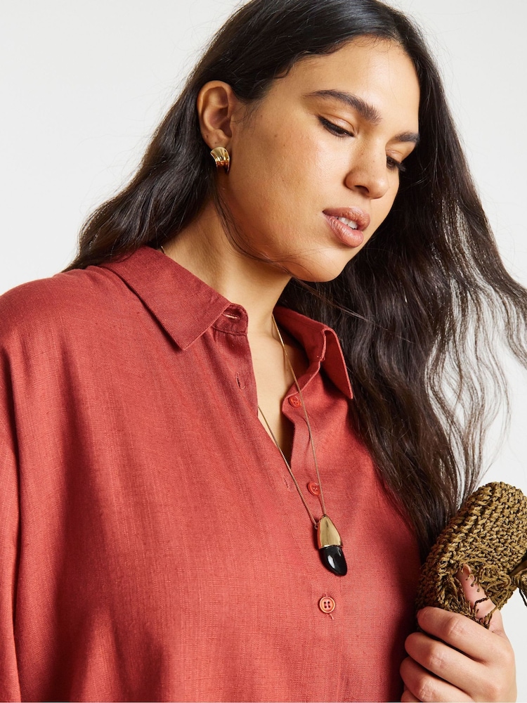 Simply Be Red Linen Gathered Sleeve Boxy Shirt - Image 4 of 4 Simply Be Red Linen Gathered Sleeve Boxy Shirt - Image 4 of 4
