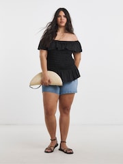 Simply Be Black Ruffle/Shirred Mesh Top - Image 1 of 4