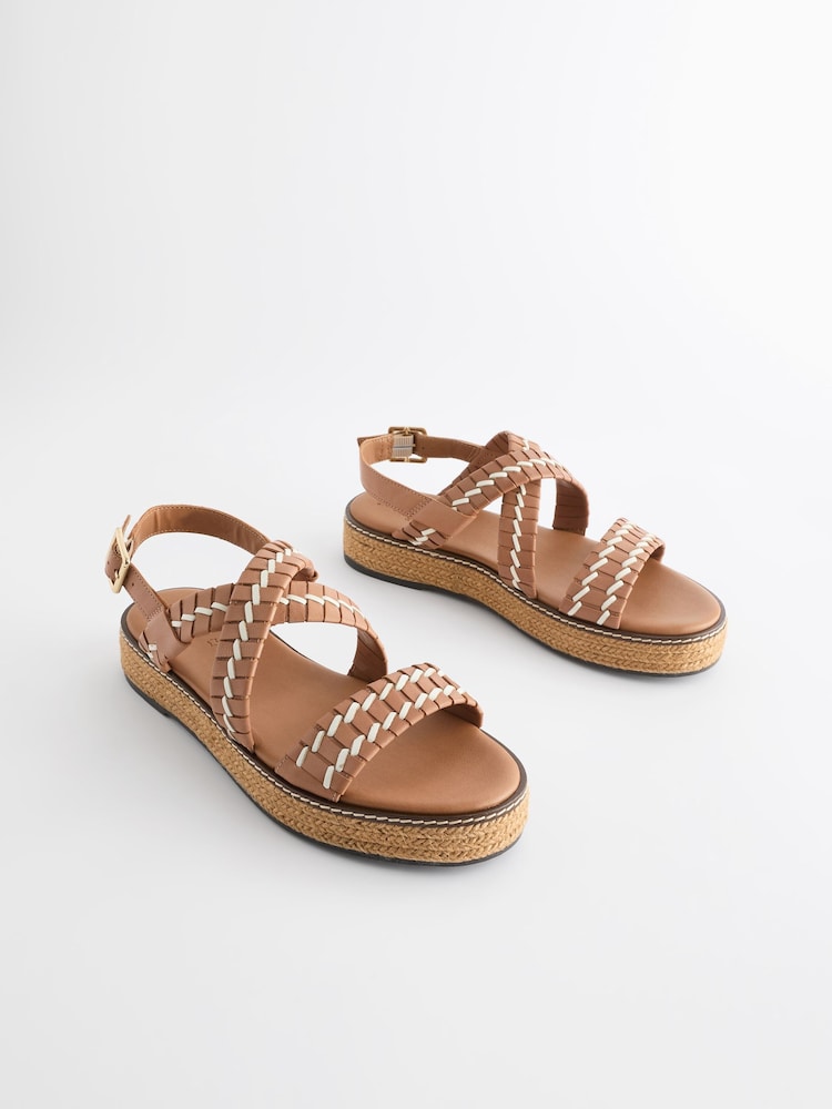 Hellbraun - Forever Comfort® Espadrilles-Plateau-Sandalen aus Leder mit Webmuster - Bild 1 von 6 Hellbraun - Forever Comfort® Espadrilles-Plateau-Sandalen aus Leder mit Webmuster - Bild 1 von 6