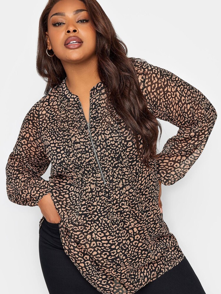 Yours Curve Brown London Zip Front Blouse - Image 1 of 4