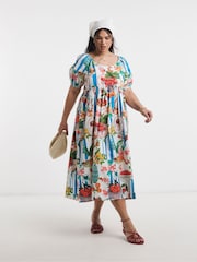 Simply Be Blue Cotton Drop Waist Midi Dress - Image 1 of 4