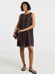 Simply Be Brown Contrast Stitch Linen Swing Dress - Image 1 of 4