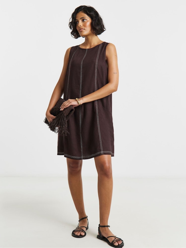 Simply Be Brown Contrast Stitch Linen Swing Dress - Image 1 of 4 Simply Be Brown Contrast Stitch Linen Swing Dress - Image 1 of 4