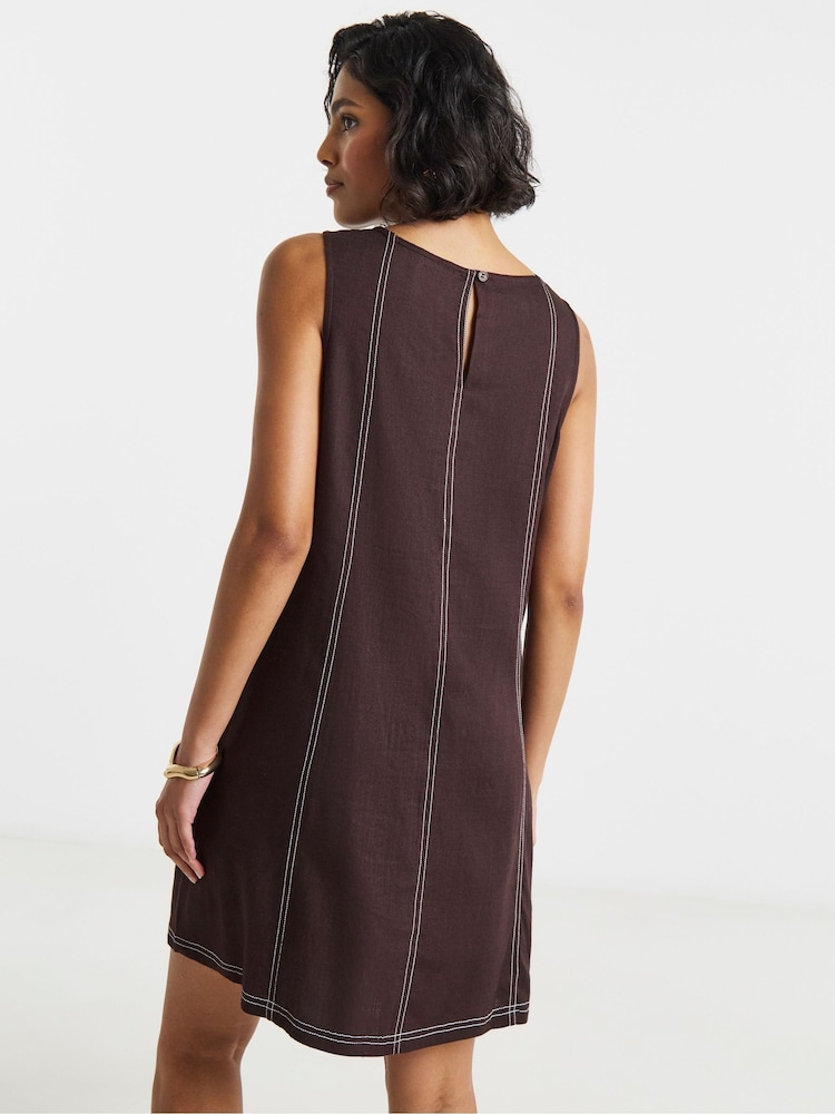 Simply Be Brown Contrast Stitch Linen Swing Dress - Image 2 of 4 Simply Be Brown Contrast Stitch Linen Swing Dress - Image 2 of 4