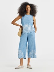 Simply Be Blue Light Wash Chambray Palm Tree Broderie Crop Jeans - Image 1 of 4