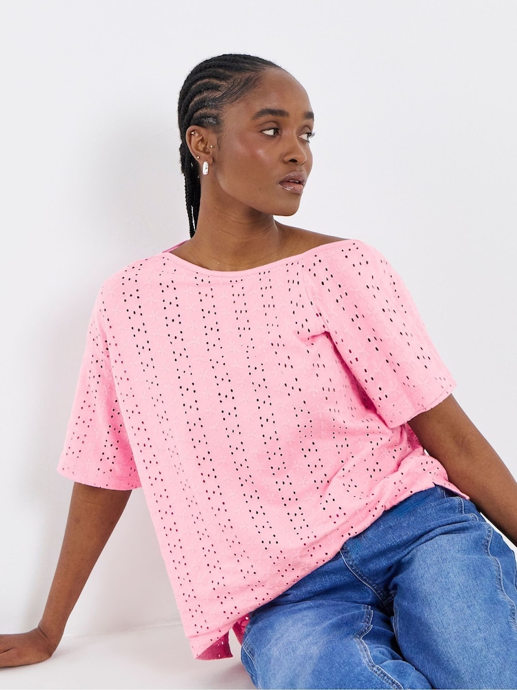 Simply Be Pink Off The Shoulder Broderie Top - Image 1 of 4 Simply Be Pink Off The Shoulder Broderie Top - Image 1 of 4