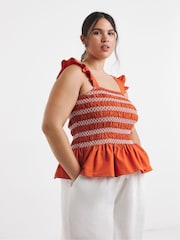 Simply Be Orange Flutter Sleeve Poplin Shirred Top - Image 1 of 4