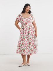 Simply Be White Floral Waist Detail Midi Dress - Image 1 of 4