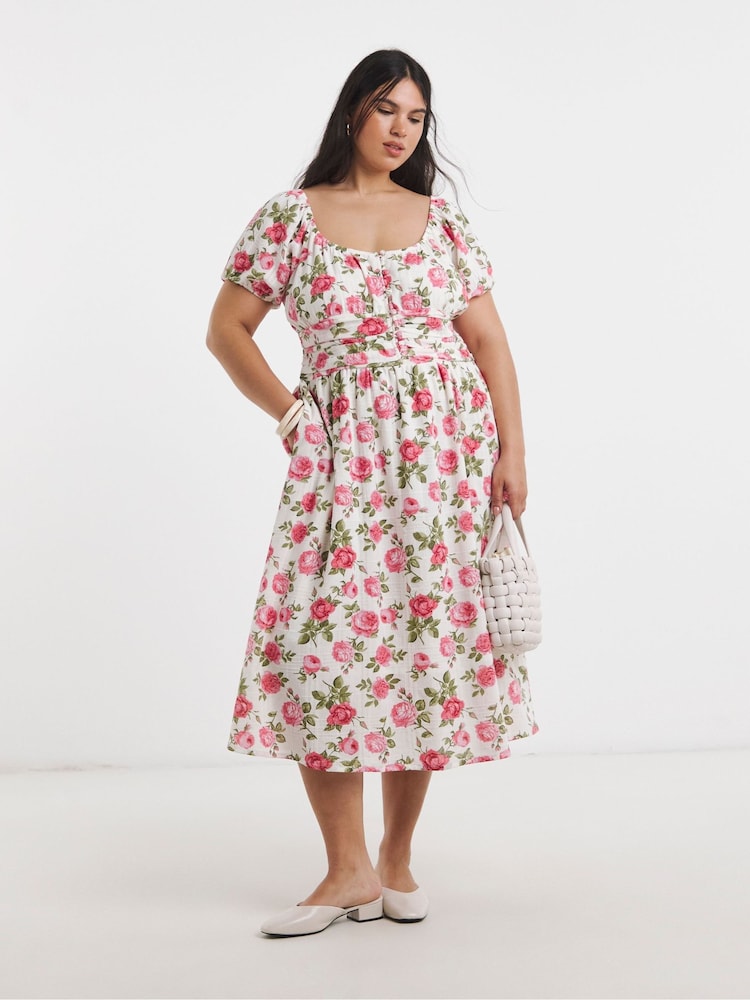 Simply Be White Floral Waist Detail Midi Dress - Image 1 of 4 Simply Be White Floral Waist Detail Midi Dress - Image 1 of 4