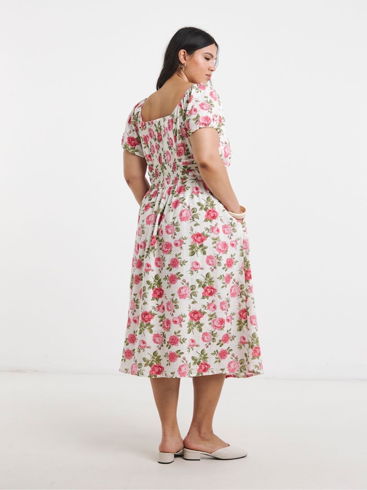 Simply Be White Floral Waist Detail Midi Dress - Image 2 of 4 Simply Be White Floral Waist Detail Midi Dress - Image 2 of 4