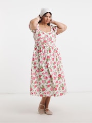 Simply Be White Floral Waist Detail Midi Dress - Image 3 of 4