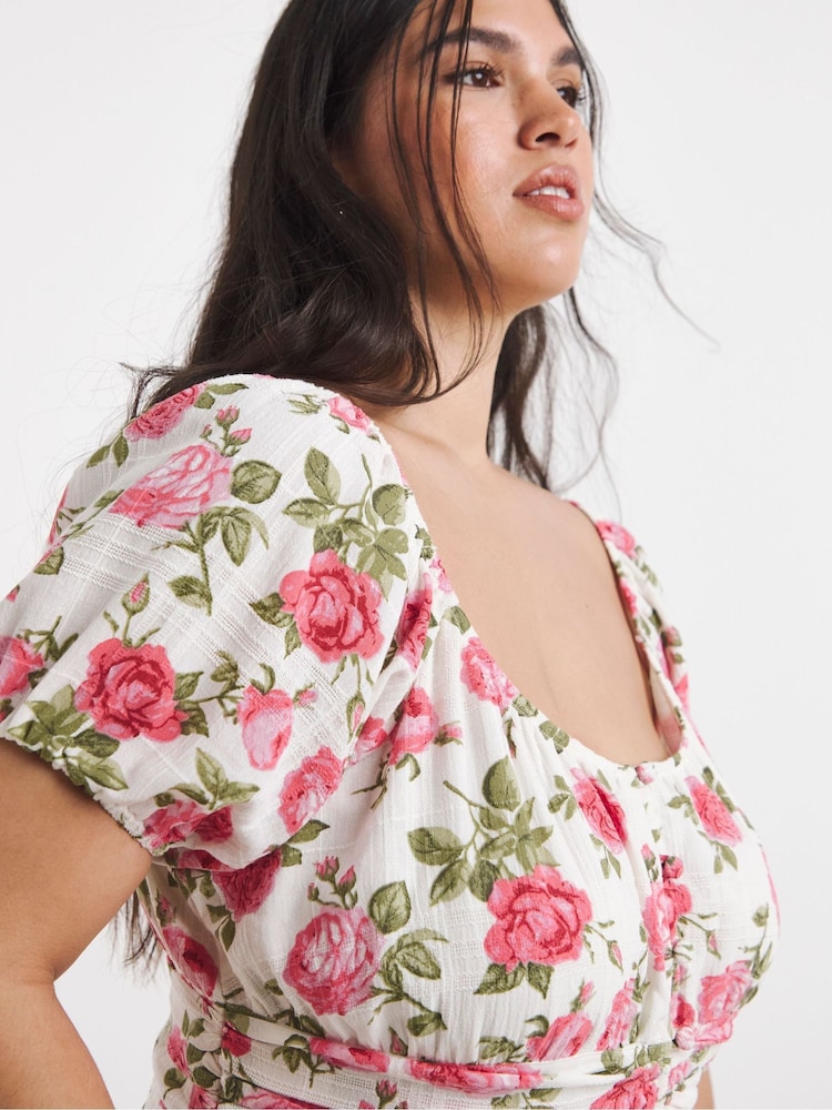 Simply Be White Floral Waist Detail Midi Dress - Image 4 of 4 Simply Be White Floral Waist Detail Midi Dress - Image 4 of 4