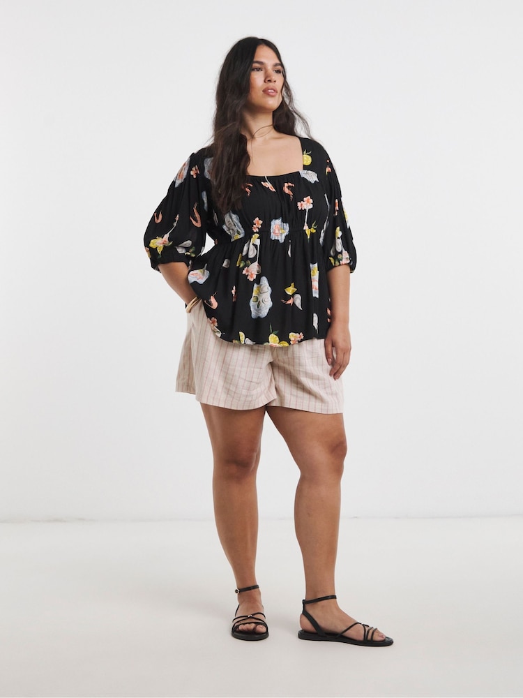 Simply Be Black Hoilday Print Crinkled Shirred Peplum Top - Image 1 of 4 Simply Be Black Hoilday Print Crinkled Shirred Peplum Top - Image 1 of 4