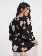 Simply Be Black Hoilday Print Crinkled Shirred Peplum Top - Image 2 of 4