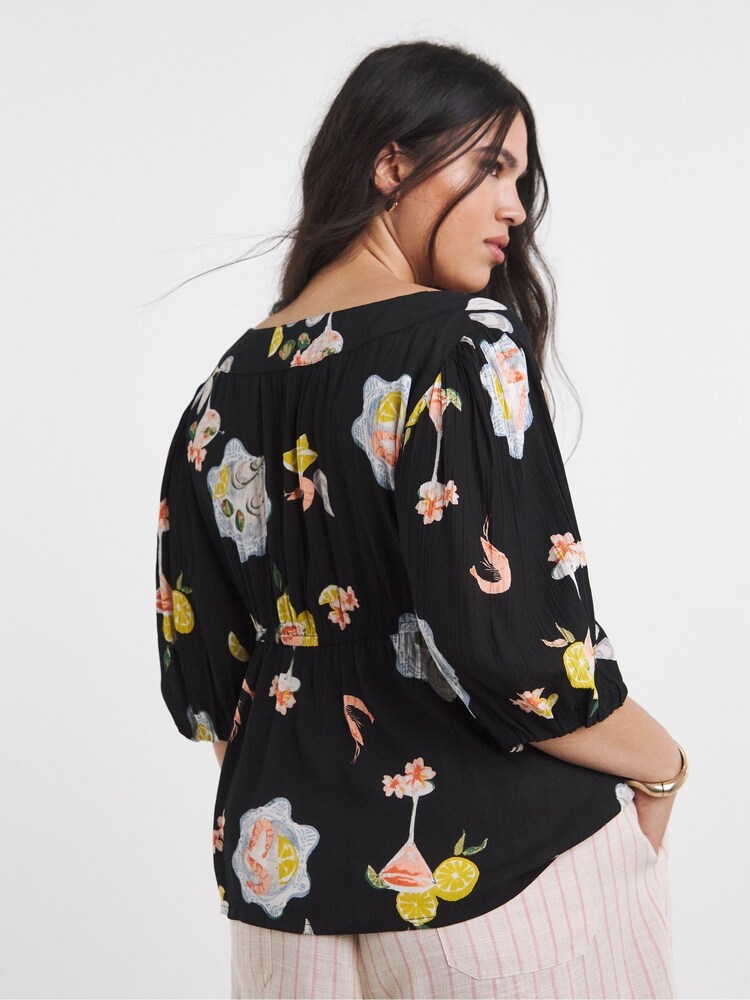 Simply Be Black Hoilday Print Crinkled Shirred Peplum Top - Image 2 of 4 Simply Be Black Hoilday Print Crinkled Shirred Peplum Top - Image 2 of 4