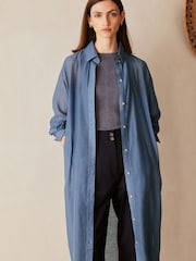 Blue TENCEL™ Blend Belted Shirt Dress with Linen - Image 1 of 4