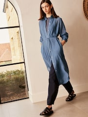 Blue TENCEL™ Blend Belted Shirt Dress with Linen - Image 2 of 4