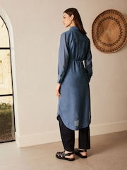 Blue TENCEL™ Blend Belted Shirt Dress with Linen - Image 3 of 4