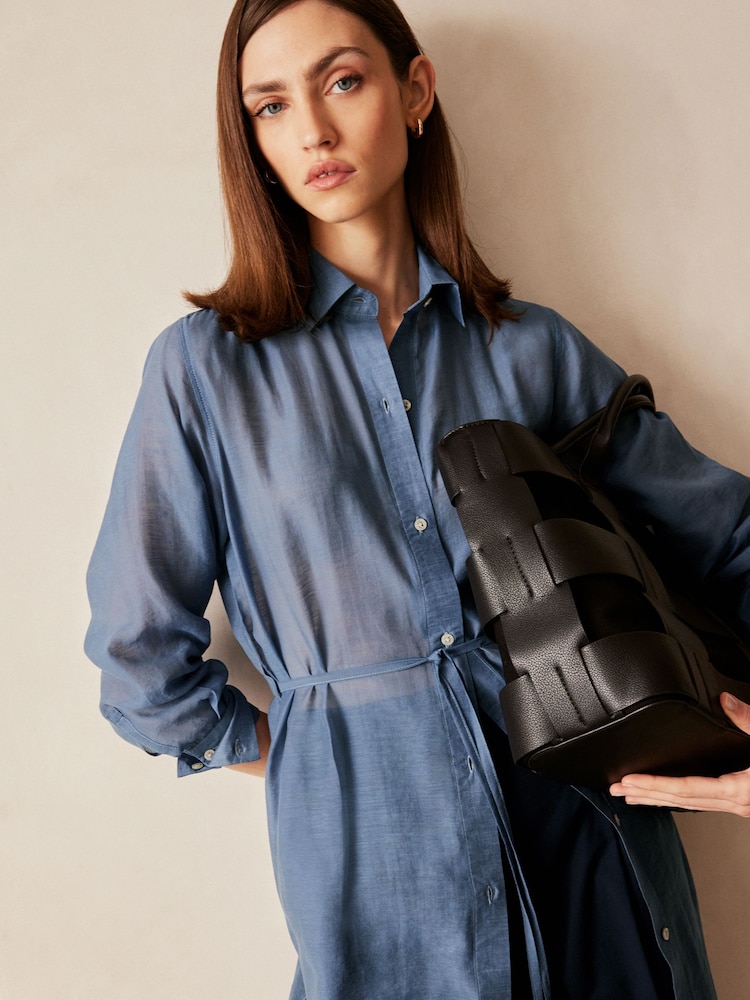 Blue TENCEL™ Blend Belted Shirt Dress with Linen - Image 4 of 4