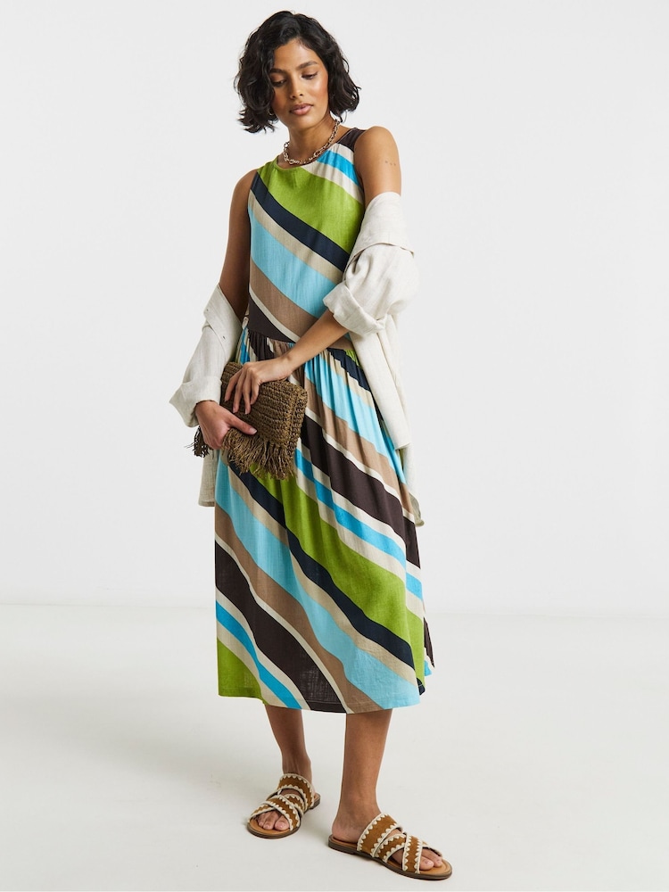 Simply Be Green Stripe Linen Midi Dress - Image 1 of 4 Simply Be Green Stripe Linen Midi Dress - Image 1 of 4