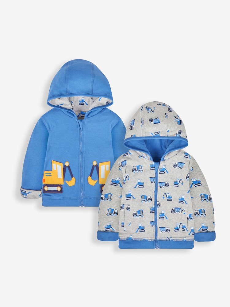 JoJo Maman Bébé Denim Blue Digger Appliqué Reversible Hoodie With Pet In Pocket - Image 2 of 8