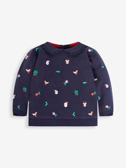 JoJo Maman Bébé Navy Girls' Christmas Embroidered Sweatshirt With Collar - Image 1 of 3