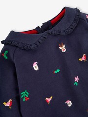 JoJo Maman Bébé Navy Girls' Christmas Embroidered Sweatshirt With Collar - Image 2 of 3