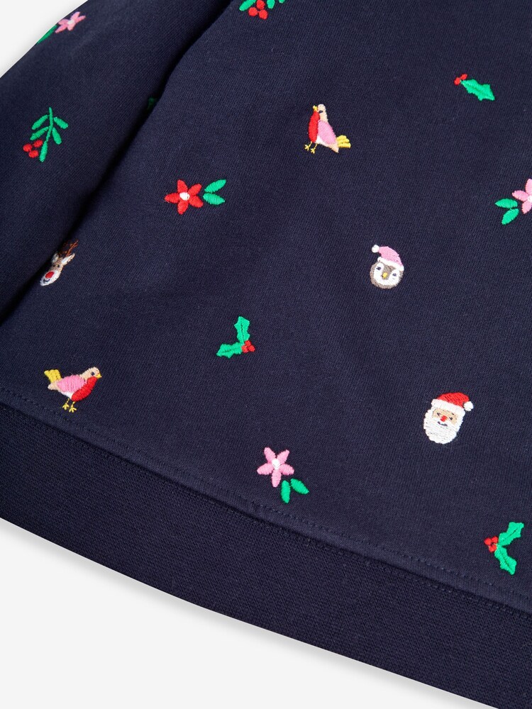 JoJo Maman Bébé Navy Girls' Christmas Embroidered Sweatshirt With Collar - Image 3 of 3
