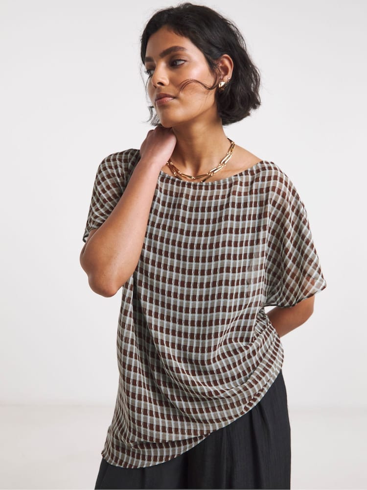 Simply Be Blue Check Chiffon Draped Top - Image 1 of 4 Simply Be Blue Check Chiffon Draped Top - Image 1 of 4