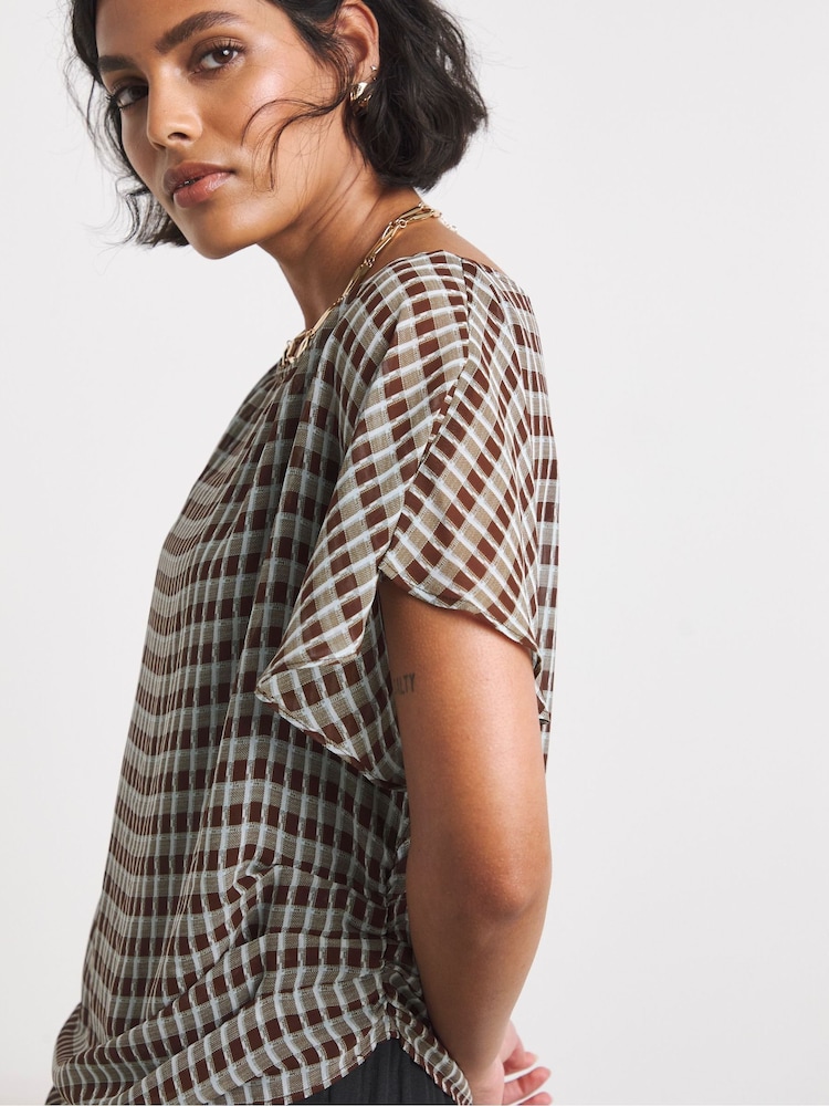 Simply Be Blue Check Chiffon Draped Top - Image 4 of 4 Simply Be Blue Check Chiffon Draped Top - Image 4 of 4