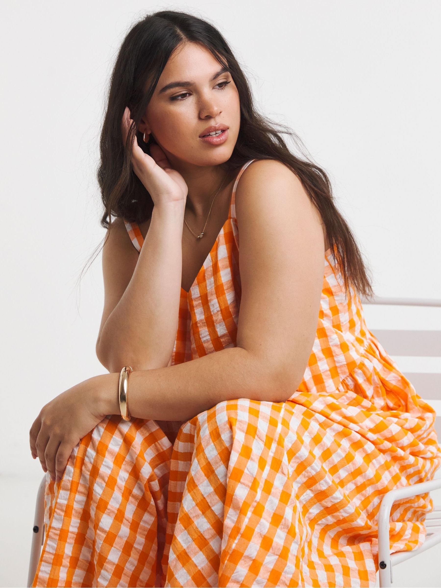 orange gingham dress women ASOS DESIGN Curve mini textured smock dress in orange and pink gingham