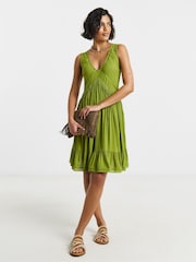 Simply Be Green Crinkle Smock Dress With Ladder Trim - Image 1 of 4