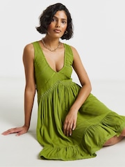 Simply Be Green Crinkle Smock Dress With Ladder Trim - Image 3 of 4
