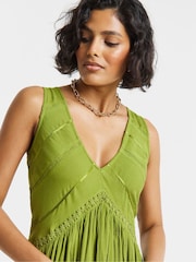Simply Be Green Crinkle Smock Dress With Ladder Trim - Image 4 of 4