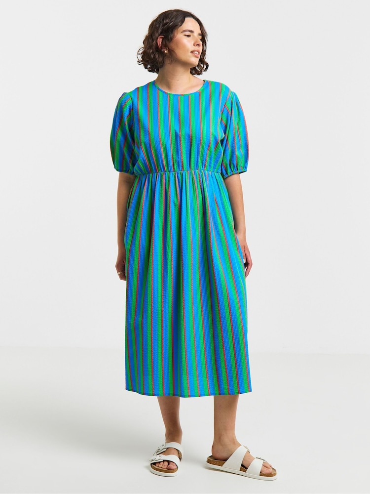Simply Be Blue Stripe Shirred Midi Dress - Image 1 of 4 Simply Be Blue Stripe Shirred Midi Dress - Image 1 of 4