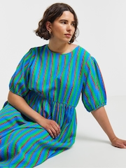 Simply Be Blue Stripe Shirred Midi Dress - Image 3 of 4